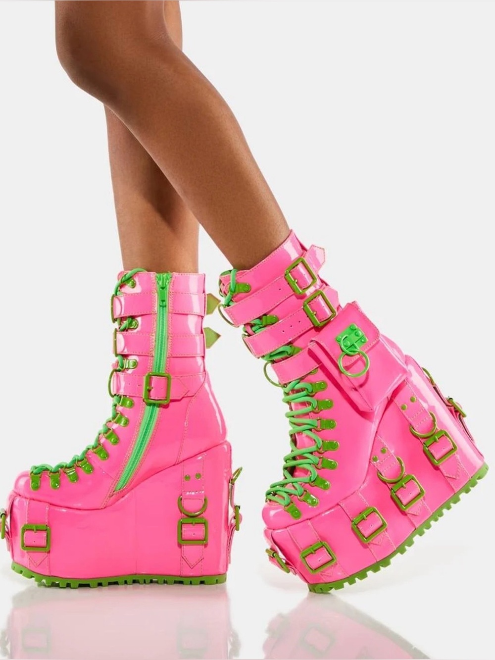 Neon Pink Platform Lace-Up Combat Boots with Lime Accents
